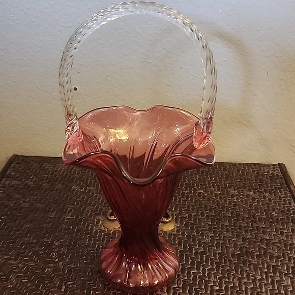 Vintage Fenton Style Glass Basket Vase Cranberry Red Burgundy Vase - Picture 7 of 10